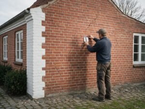 Murer undersøger revner i murværk med revnemålekort på husfacade