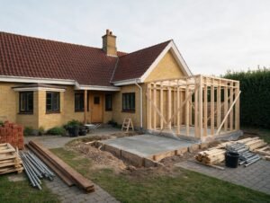 Tilbygning under opførelse på dansk parcelhus – trækonstruktion og nystøbt fundament