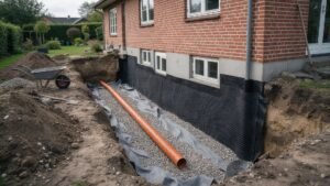 Udgravning langs fundamentet med drænrør, fiberdug og grundmursplade til omfangsdræn